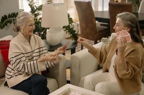 Two senior women playing cards and enjoying leisure time in a cozy living room.